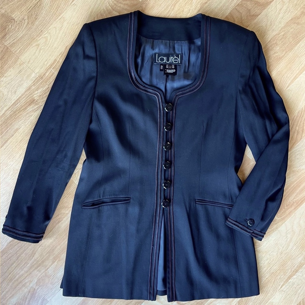 Laurel by Escada Vntg Lng Black Jacket Blazer Shoulder Pads, Size 40 Retail $495